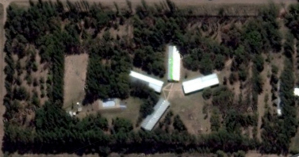 A satellite photo of the Theosophical Center in San Rafael, Argentina. It is designed to have five buildings forming a star.